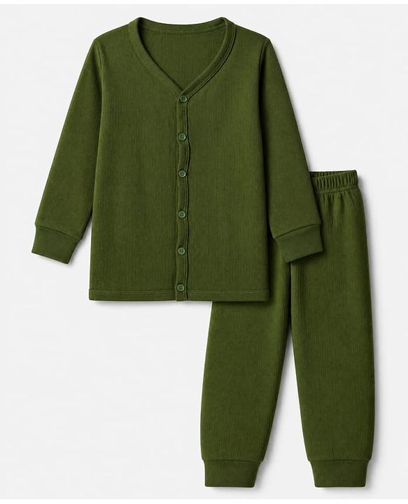 Babyhug Cotton Mix Knit Solid Vest & Pant Thermal Set with Front Open in Olive Green