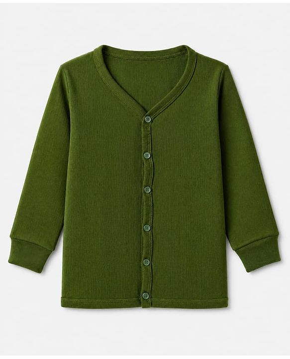 Babyhug Cotton Mix Knit Solid Vest & Pant Thermal Set with Front Open in Olive Green
