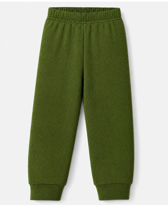 Babyhug Cotton Mix Knit Solid Vest & Pant Thermal Set with Front Open in Olive Green