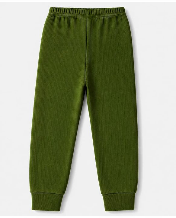 Babyhug Cotton Mix Knit Solid Vest & Pant Thermal Set with Front Open in Olive Green
