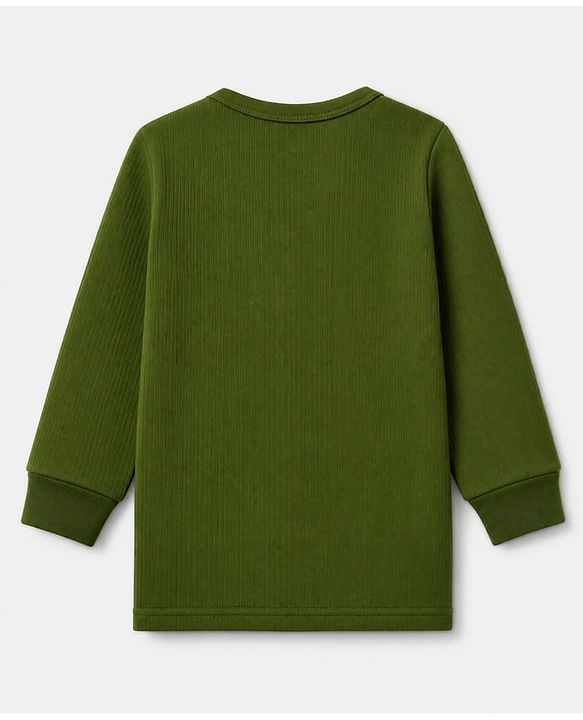 Babyhug Cotton Mix Knit Solid Vest & Pant Thermal Set with Front Open in Olive Green