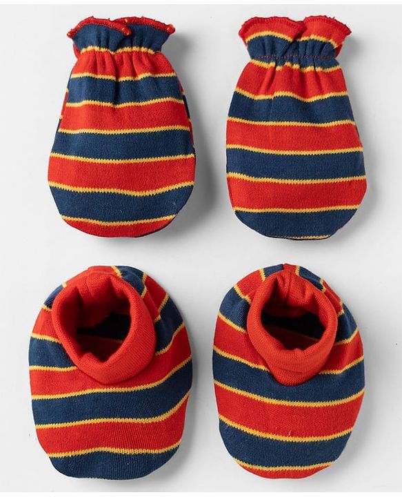 Babyhug 100% Cotton Interlock Knit Striped Mittens & Booties - Maroon