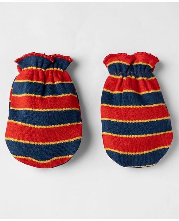 Babyhug 100% Cotton Interlock Knit Striped Mittens & Booties - Maroon