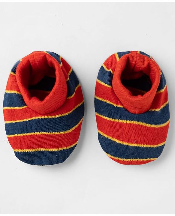 Babyhug 100% Cotton Interlock Knit Striped Mittens & Booties - Maroon