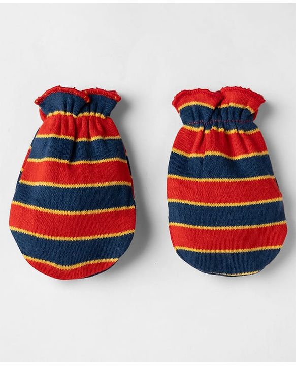 Babyhug 100% Cotton Interlock Knit Striped Mittens & Booties - Maroon
