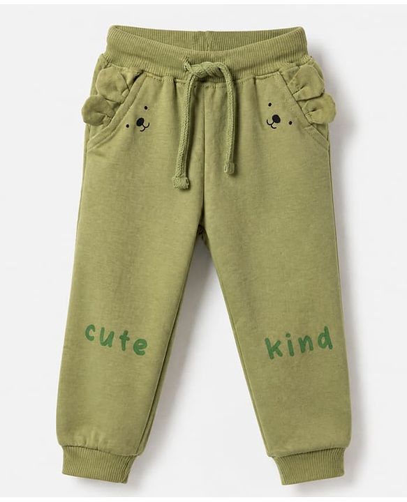 Babyhug Cotton Terry Jogger Fit Lounge Pant with Bear Face Print & Applique - Olive Green