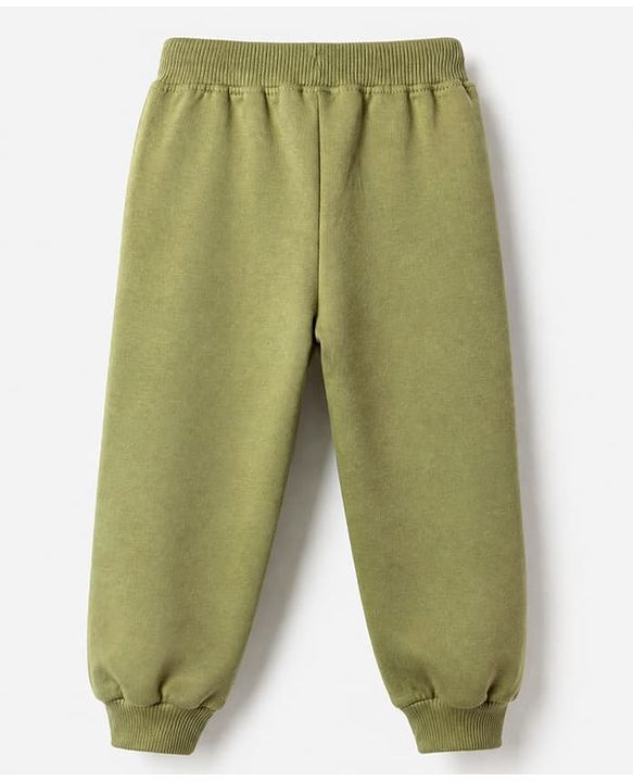 Babyhug Cotton Terry Jogger Fit Lounge Pant with Bear Face Print & Applique - Olive Green