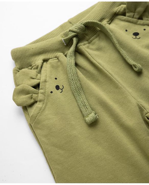 Babyhug Cotton Terry Jogger Fit Lounge Pant with Bear Face Print & Applique - Olive Green