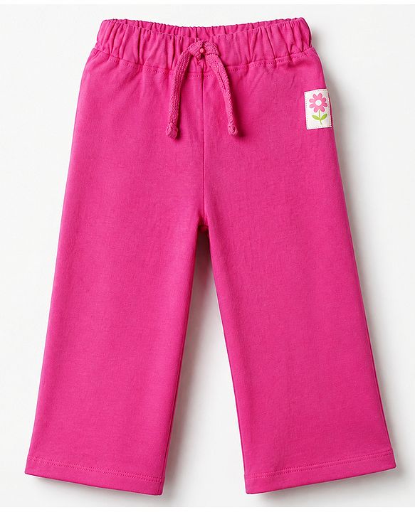 Babyhug Cotton Knit Jogger Fit Full Length Lounge Pants with Flower Patch Pack of 3 in Fuchsia