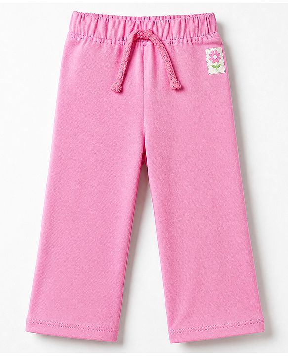 Babyhug Cotton Knit Jogger Fit Full Length Lounge Pants with Flower Patch Pack of 3 in Fuchsia