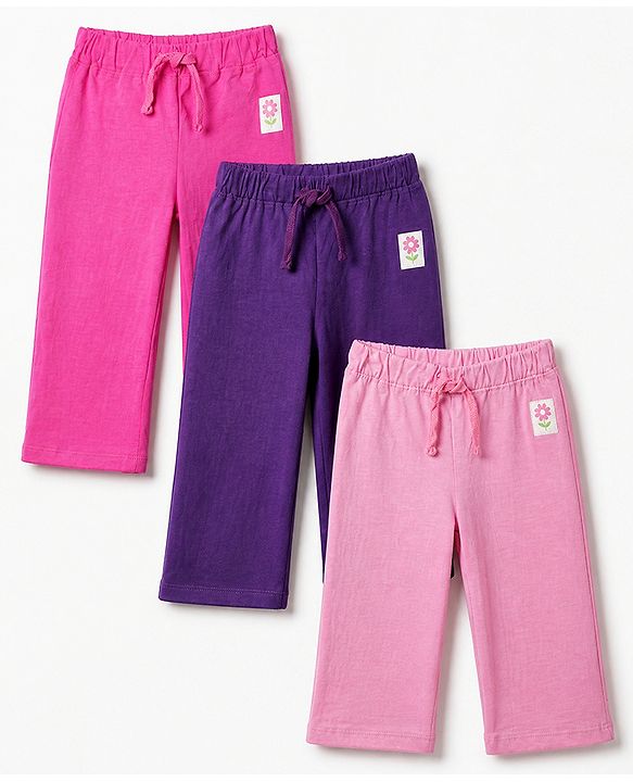 Babyhug Cotton Knit Jogger Fit Full Length Lounge Pants with Flower Patch Pack of 3 in Fuchsia