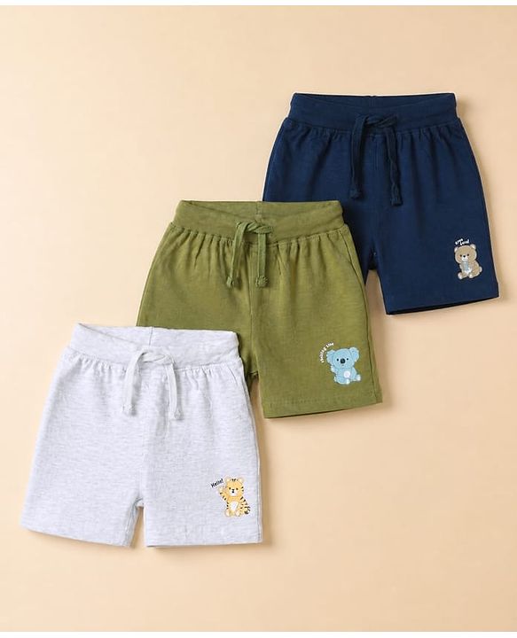 Babyhug 100% Cotton Jersey Knit Shorts with Bear Print in Blue Green & White Pack of 3