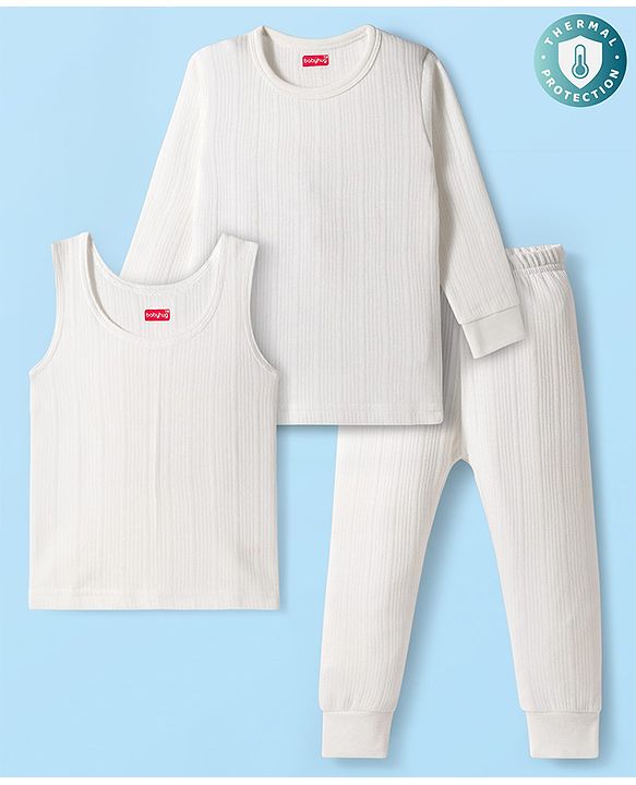 Babyhug Cotton Mix Knit 3 Piece Solid Pullover, Vest & Pants Thermal Set - Offwhite