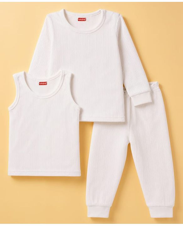 Babyhug Cotton Mix Knit 3 Piece Solid Pullover, Vest & Pants Thermal Set - Offwhite