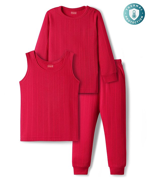 Babyhug Cotton Mix Knit 3 Piece Solid Pullover, Vest & Pant Thermal Set - Red