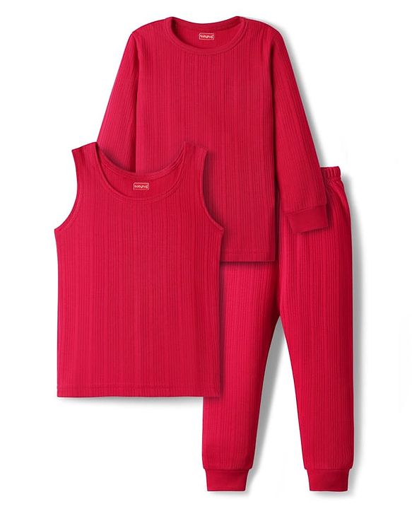 Babyhug Cotton Mix Knit 3 Piece Solid Pullover, Vest & Pant Thermal Set - Red