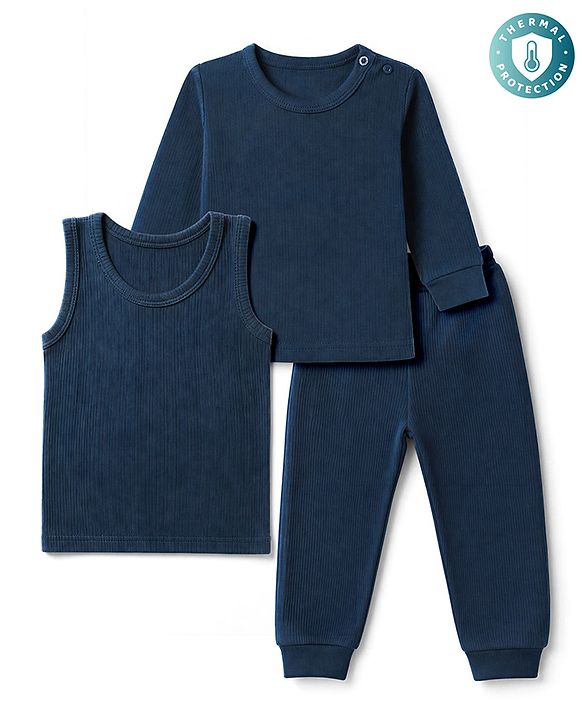 Babyhug Knit Full Sleeves Solid Vests & Pant Thermal Inner Wear - Navy Blue