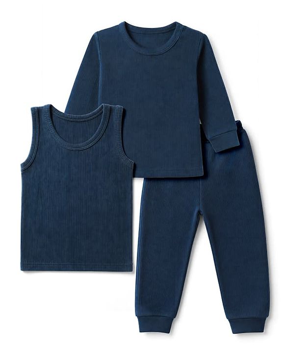 Babyhug Knit Full Sleeves Solid Vests & Pant Thermal Inner Wear - Navy Blue