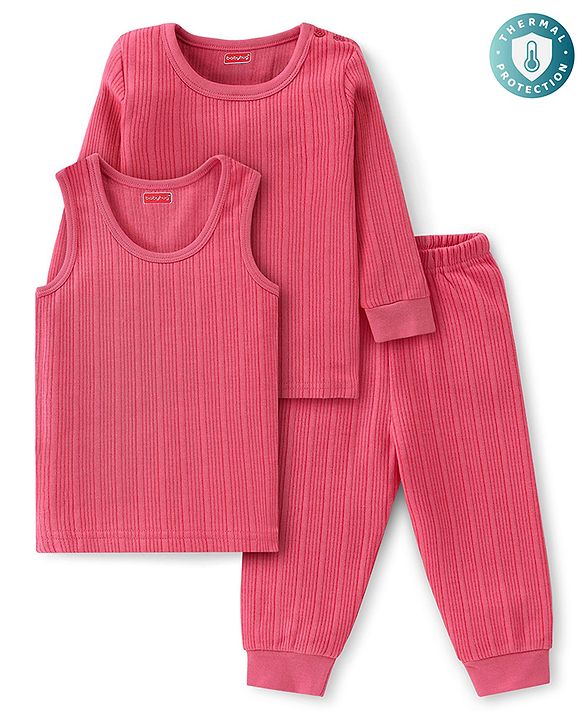 Babyhug Cotton Mix Knit 3 Piece Solid Pullover, Vest & Pant Thermal Set - Coral