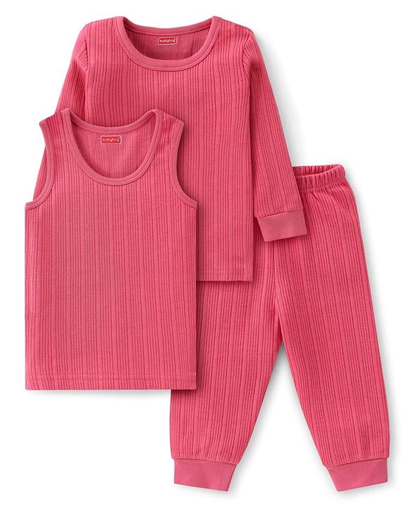 Babyhug Cotton Mix Knit 3 Piece Solid Pullover, Vest & Pant Thermal Set - Coral