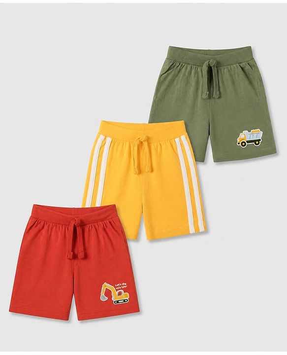 Babyhug Cotton Single Jersey Mid Thigh Shorts With Vehicle Print Pack of 3 Red Yellow Green