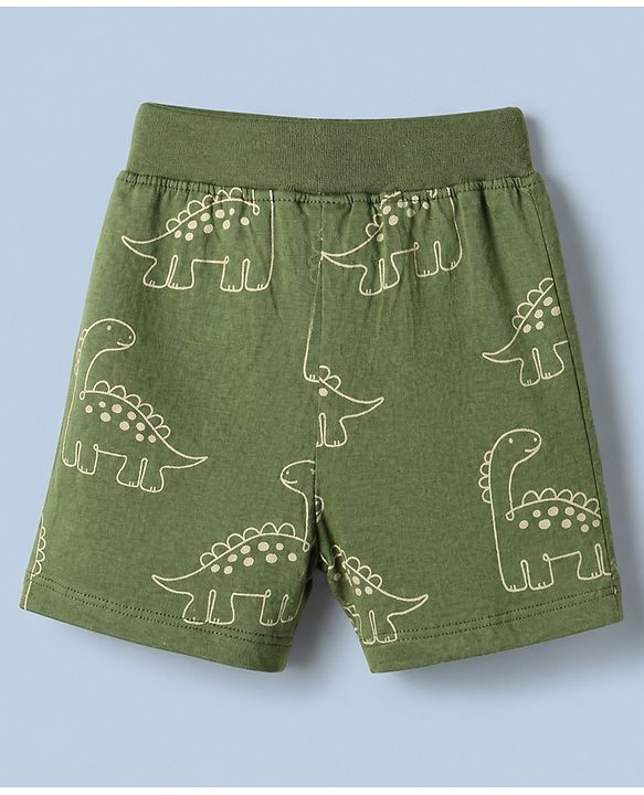 Babyhug Cotton Knit Shorts with Dinosaur Print Pack of 2 in Green Beige Color