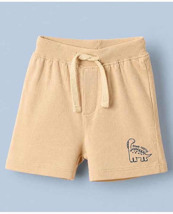 Babyhug Cotton Knit Shorts with Dinosaur Print Pack of 2 in Green Beige Color