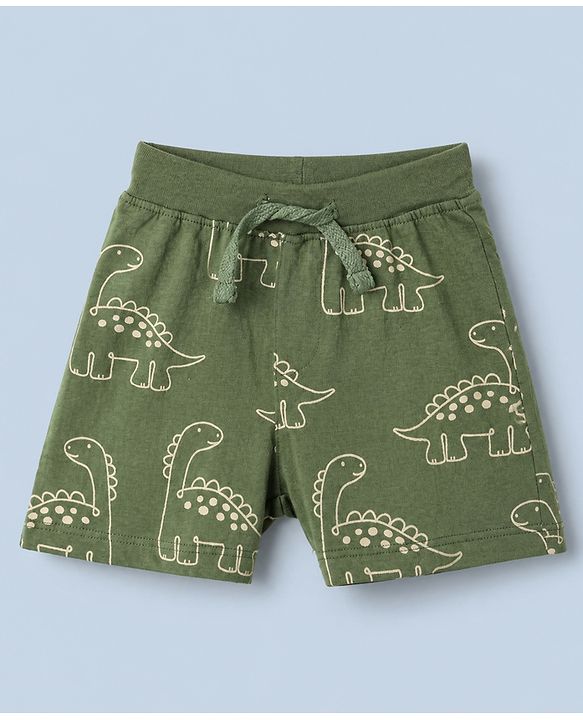 Babyhug Cotton Knit Shorts with Dinosaur Print Pack of 2 in Green Beige Color