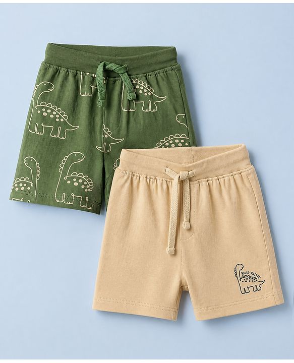 Babyhug Cotton Knit Shorts with Dinosaur Print Pack of 2 in Green Beige Color