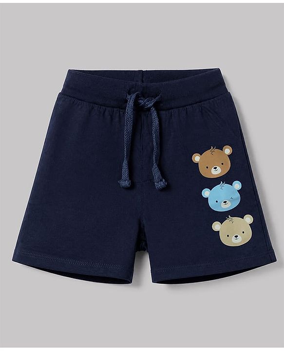 Babyhug 100% Cotton Jersey Knit Shorts With Bear & Text Print Pack of 2 - Cream & Navy Blue