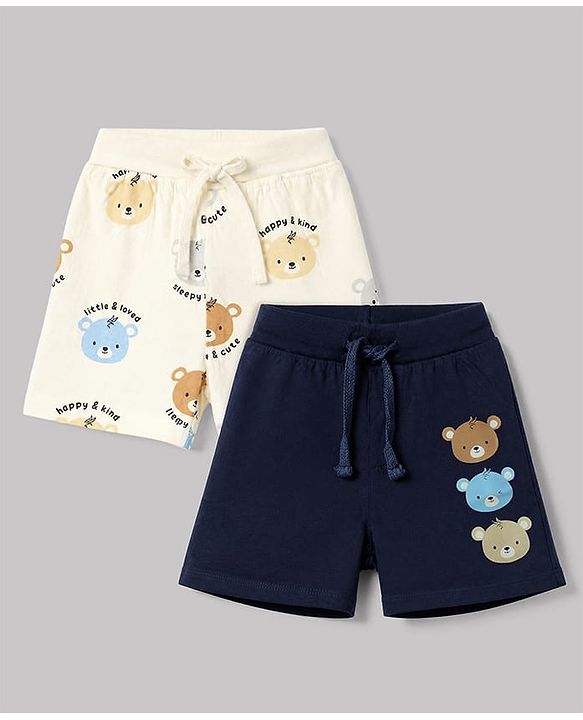 Babyhug 100% Cotton Jersey Knit Shorts With Bear & Text Print Pack of 2 - Cream & Navy Blue