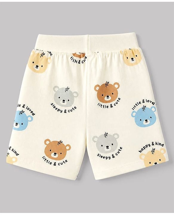 Babyhug 100% Cotton Jersey Knit Shorts With Bear & Text Print Pack of 2 - Cream & Navy Blue