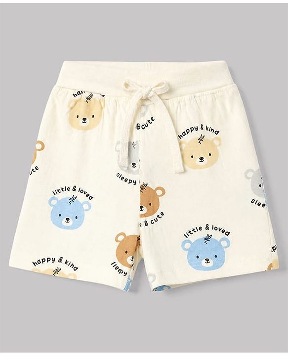 Babyhug 100% Cotton Jersey Knit Shorts With Bear & Text Print Pack of 2 - Cream & Navy Blue