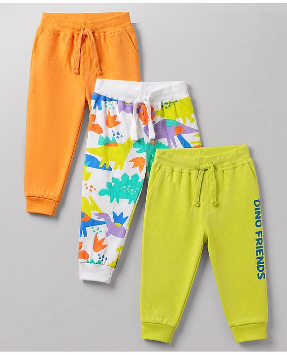 Babyhug Cotton Knit Jogger Fit Full Length Lounge Pant With Text & Dino Print Pack of 3 in Orange White