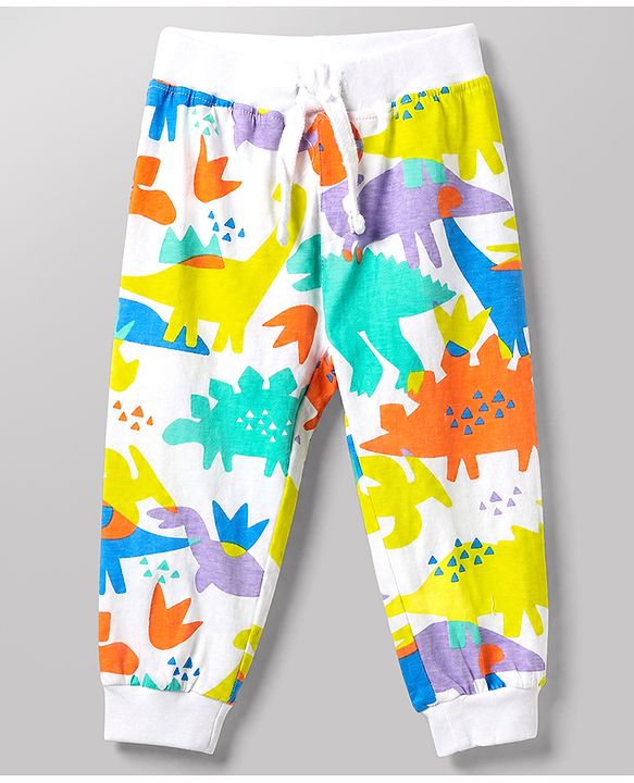 Babyhug Cotton Knit Jogger Fit Full Length Lounge Pant With Text & Dino Print Pack of 3 in Orange White