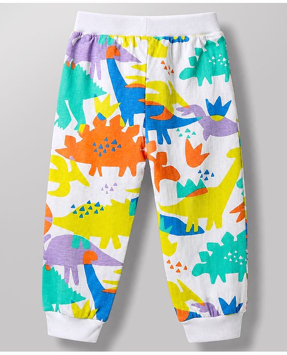 Babyhug Cotton Knit Jogger Fit Full Length Lounge Pant With Text & Dino Print Pack of 3 in Orange White