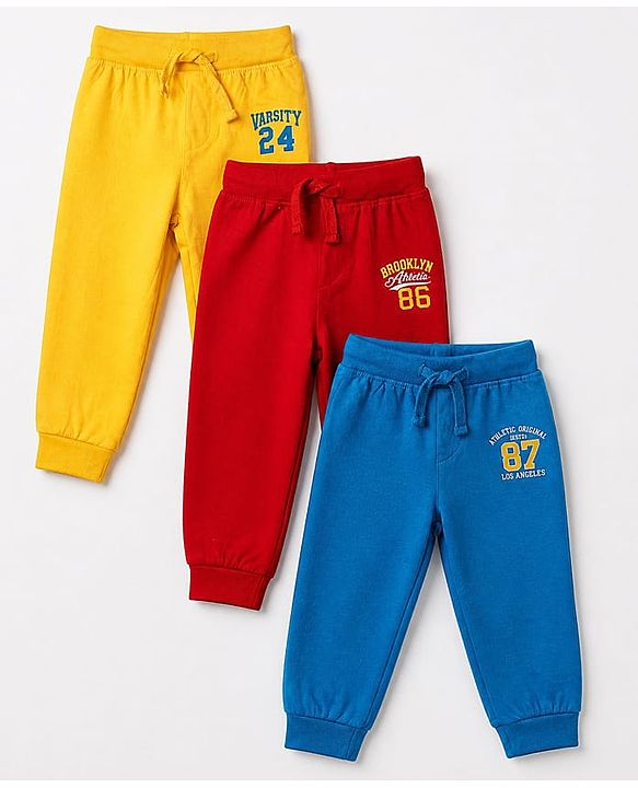 Babyhug Cotton Knit Jogger Fit Full Length Lounge Pant with Text Print Pack of 3 - Blue Yellow Red