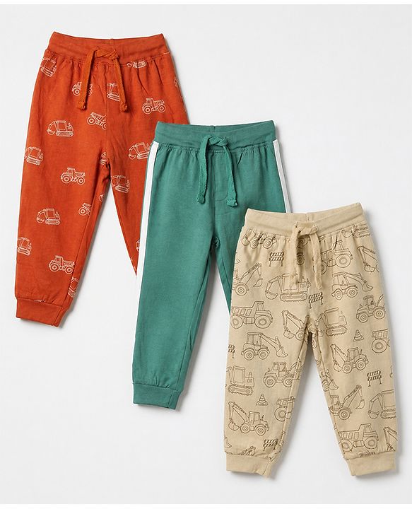 Babyhug Cotton Jersey Knit Full Length Lounge Pants with Jogger Fit and Construction Vehicles Print Pack of 3 in Blue Red & Off white