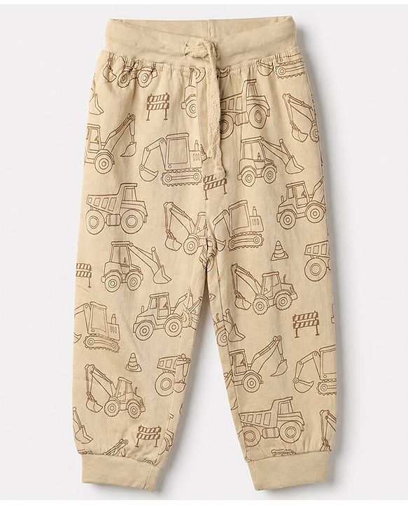 Babyhug Cotton Jersey Knit Full Length Lounge Pants with Jogger Fit and Construction Vehicles Print Pack of 3 in Blue Red & Off white