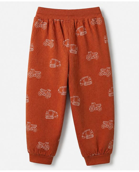Babyhug Cotton Jersey Knit Full Length Lounge Pants with Jogger Fit and Construction Vehicles Print Pack of 3 in Blue Red & Off white