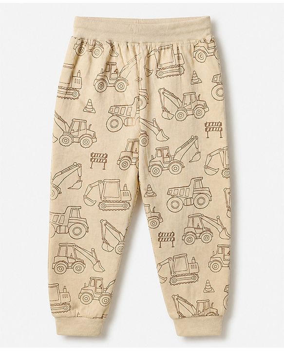 Babyhug Cotton Jersey Knit Full Length Lounge Pants with Jogger Fit and Construction Vehicles Print Pack of 3 in Blue Red & Off white
