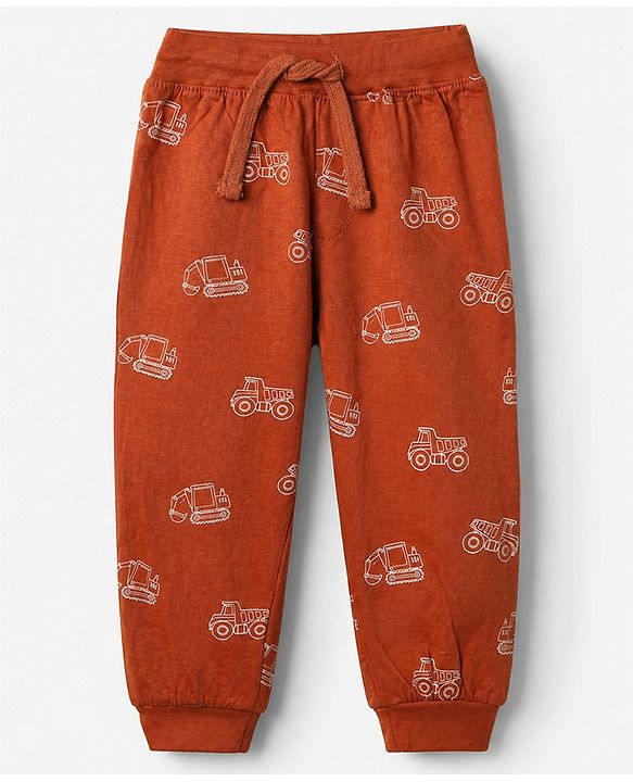 Babyhug Cotton Jersey Knit Full Length Lounge Pants with Jogger Fit and Construction Vehicles Print Pack of 3 in Blue Red & Off white