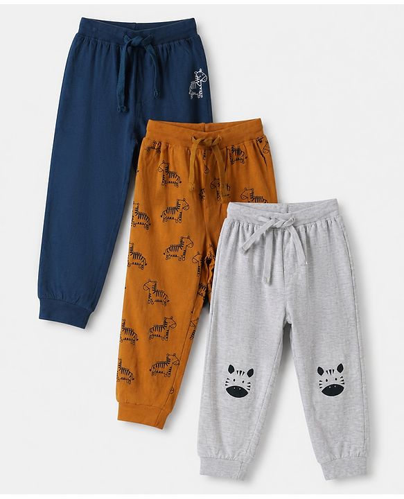 Babyhug Cotton Knit Full Length Jogger Fit Lounge Pant With Animal Print Pack of 3 in Navy Blue Grey Yellow