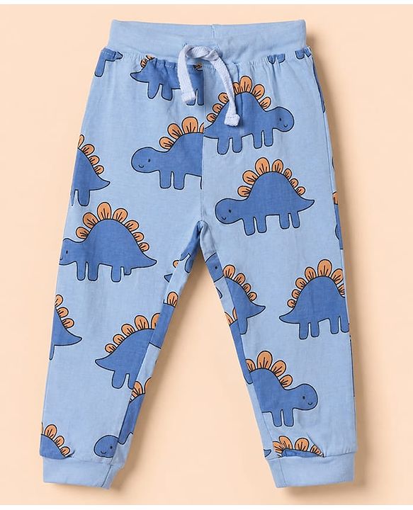 Babyhug Cotton Jersey Knit Full Length Lounge Pant with Dino Print in Blue & White Pack of 3