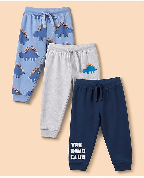 Babyhug Cotton Jersey Knit Full Length Lounge Pant with Dino Print in Blue & White Pack of 3