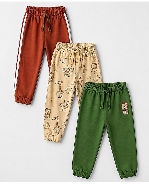 Babyhug Cotton Jersey Knit Full Length Lounge Pants with Lion & Elephant Print in Brown Green & Beige Pack of 3