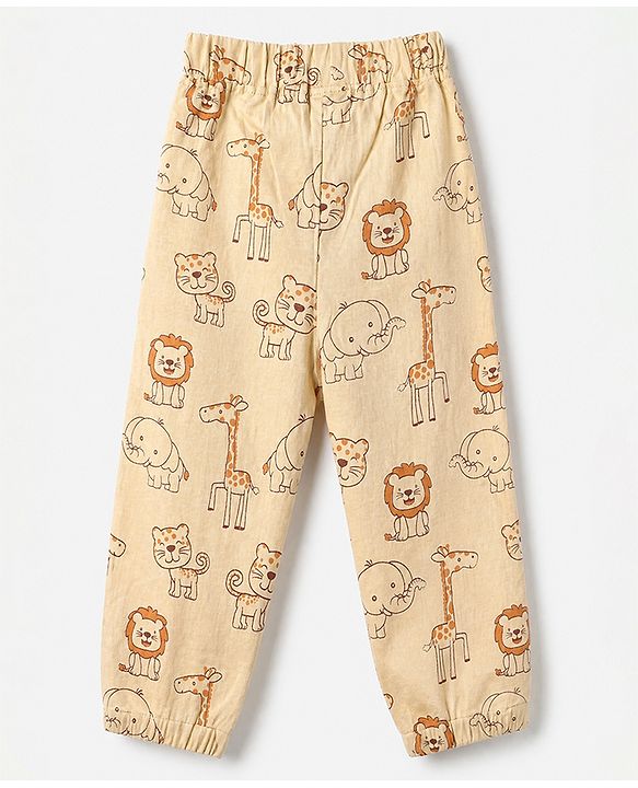 Babyhug Cotton Jersey Knit Full Length Lounge Pants with Lion & Elephant Print in Brown Green & Beige Pack of 3
