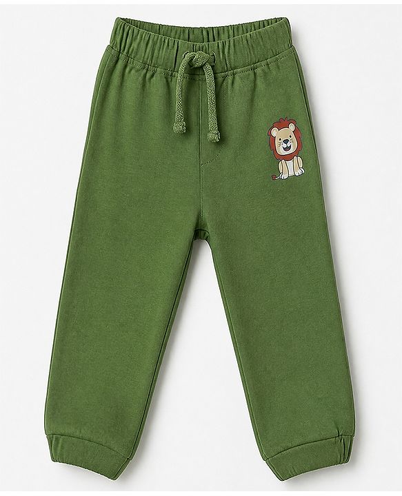 Babyhug Cotton Jersey Knit Full Length Lounge Pants with Lion & Elephant Print in Brown Green & Beige Pack of 3