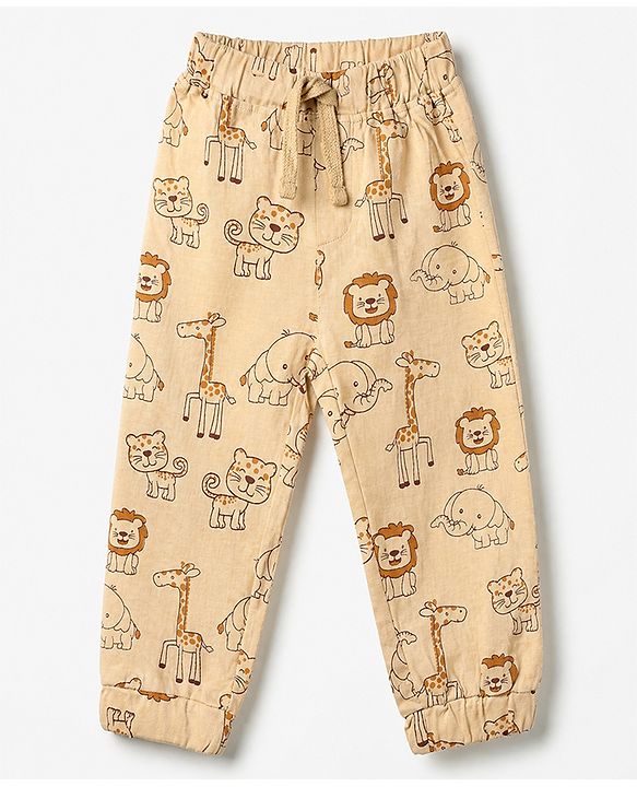 Babyhug Cotton Jersey Knit Full Length Lounge Pants with Lion & Elephant Print in Brown Green & Beige Pack of 3