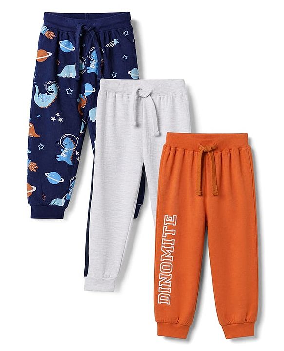 Babyhug Cotton Knit Full Length Jogger Fit Lounge Pant With Animal Print Pack of 3 in Navy Blue Grey Yellow